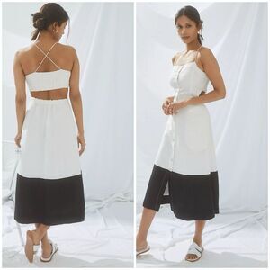 Anthropologie Maeve Colorblocked Contrast Midi Dress Smocked White Size Small